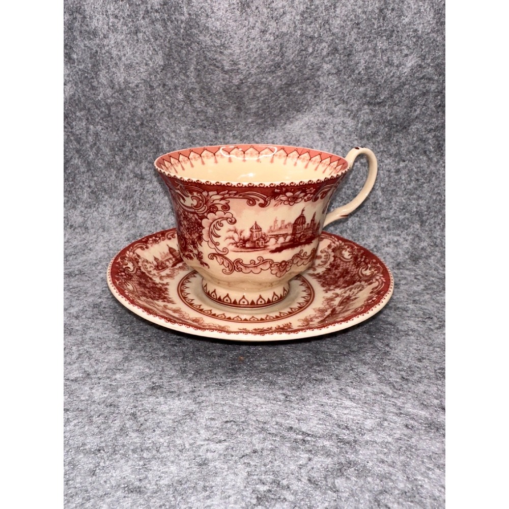 Burton & Burton Red Transferware Tea Cup and Saucer Set Scenic Landscape Ceramic